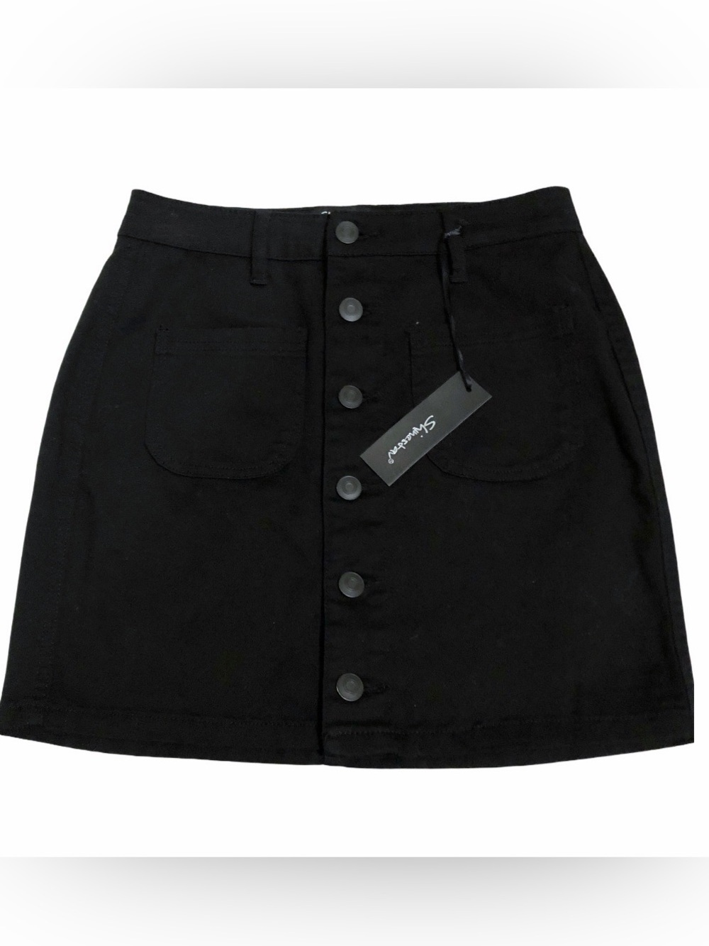 NWT Shinestar Black Button Front Denim Mini Skirt Size Medium